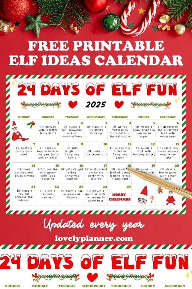 24 days of Elf Fun Calendar Printable