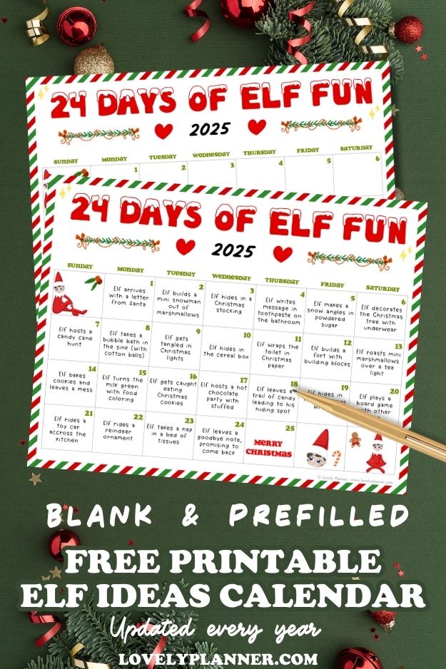 Free Printable Elf Ideas Calendar