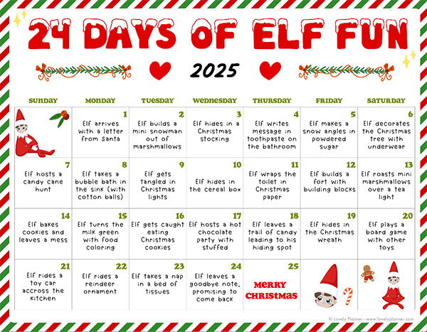 Elf Ideas Calendar Printable