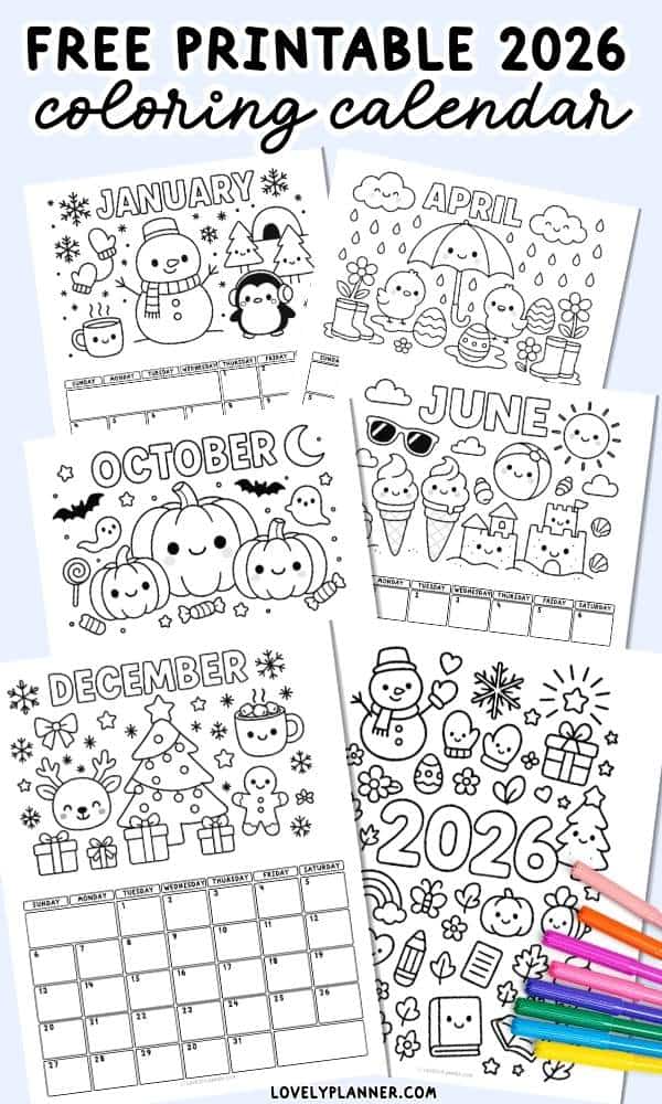 Free Printable Coloring Calendar 2026 for kids