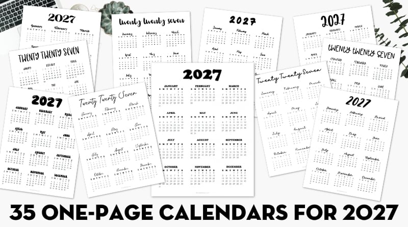 Free Printable One Page Calendars for 2027