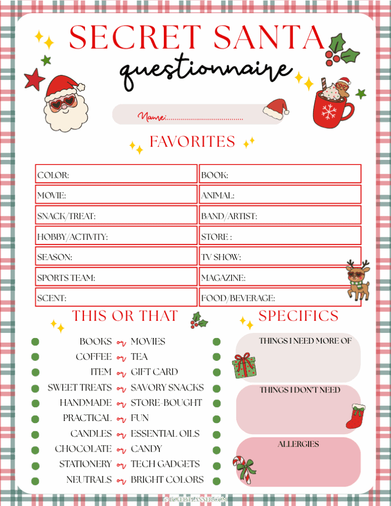 Free Printable Secret Santa Questionnaires: 10 Fun Christmas Gift ...