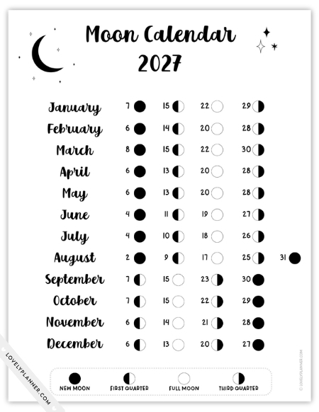 Free Printable Moon Calendar 2027