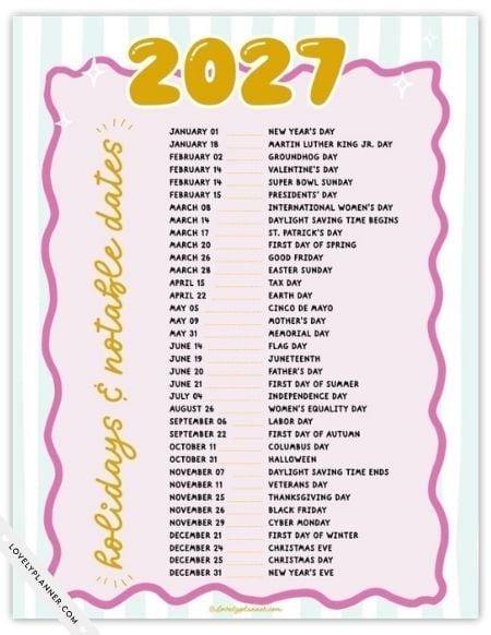 2027 Holidays Printable