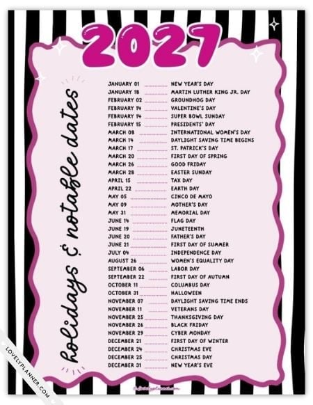 Printable 2027 Holiday List