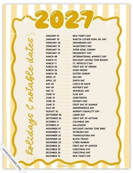 2027 holidays and important dates printable