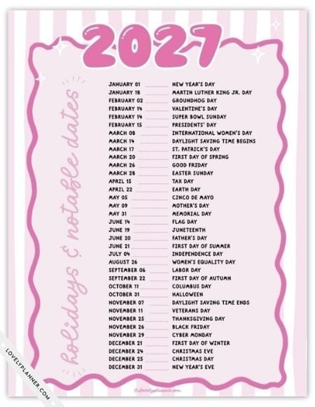 2027 holidays and important dates printable