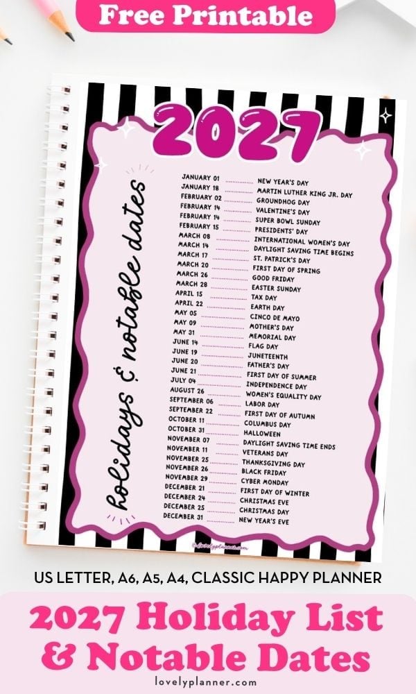 Printable Holiday Dates 2027