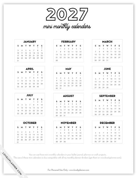 Free Printable 2027 Mini Calendars