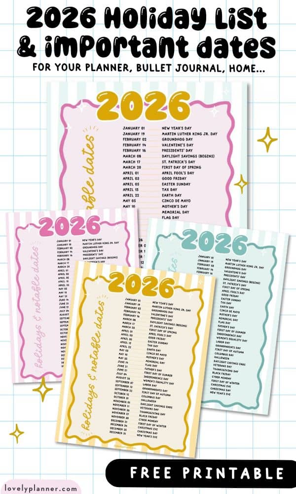 Printable Holiday Dates 2026