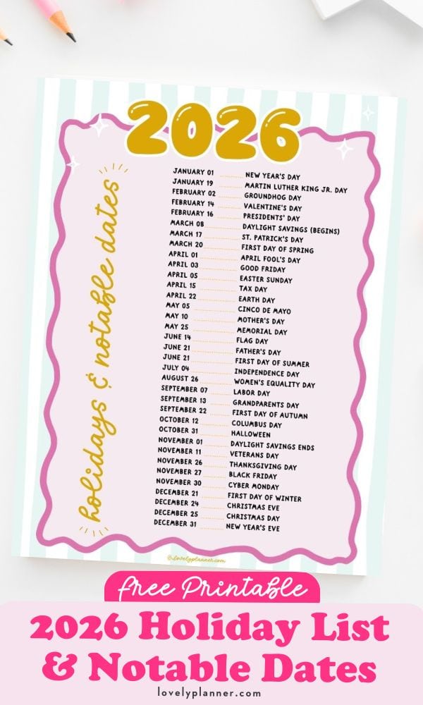Printable Federal Holiday Dates 2026