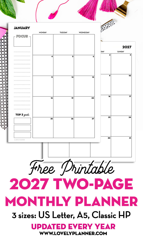 Free Printable 2027 Month on two pages Planner Template