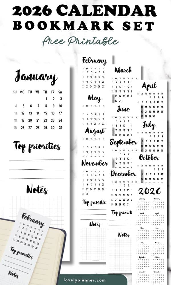 Free Printable 2026 Calendar Bookmark Set