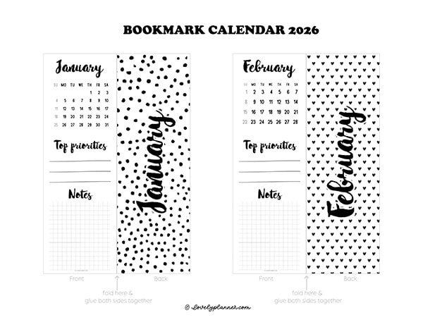 Free Printable Monthly Bookmark Calendar 2026