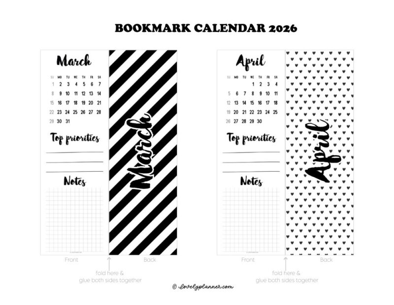 Free Printable 2026 Calendar Bookmark Set