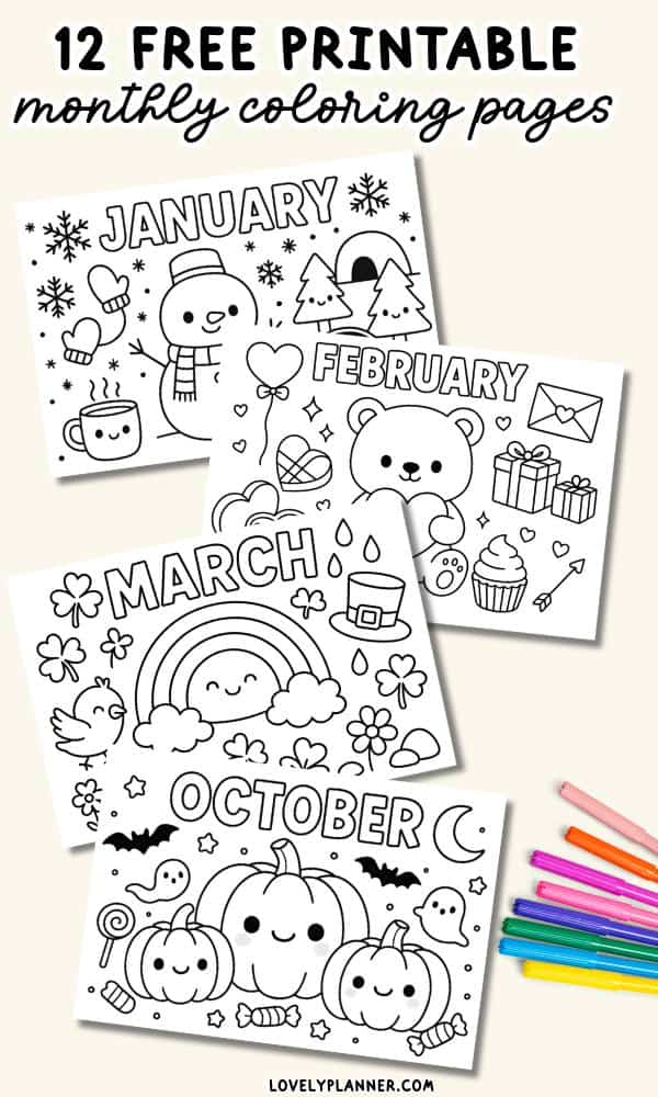 A Year of coloring: 12 Free Printable Monthly Coloring Pages for kids