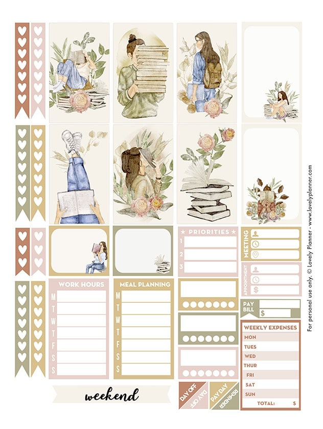 Free Printable Weekly kit Planner Stickers Reader Girl