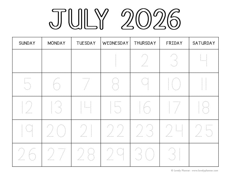 July 2026 Traceable Calendar