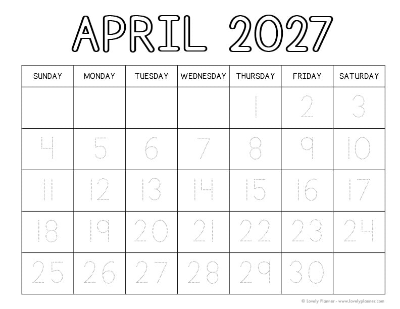 Free Printable April 2027 Traceable Calendar