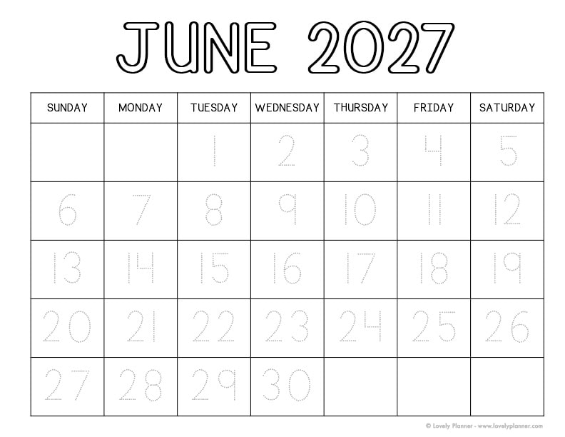 Free Printable June 2027 Traceable Calendar
