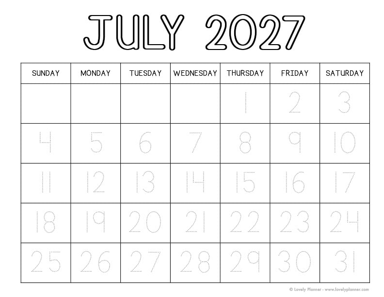 Free Printable July 2027 Traceable Calendar
