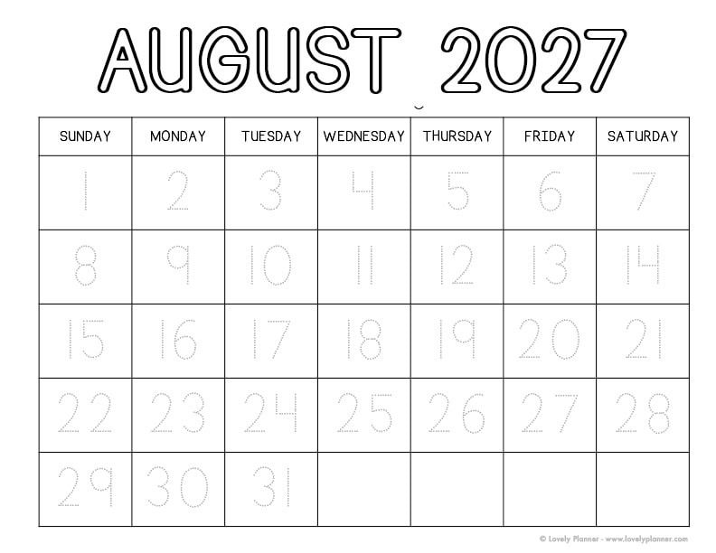 Free Printable August 2027 Traceable Calendar