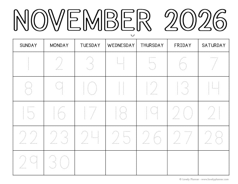 Free Printable November 2026 Traceable Monthly Calendar