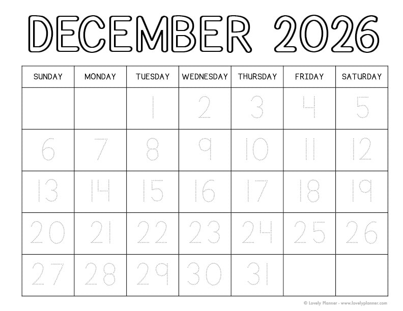 Free Printable December 2026 Traceable Calendar