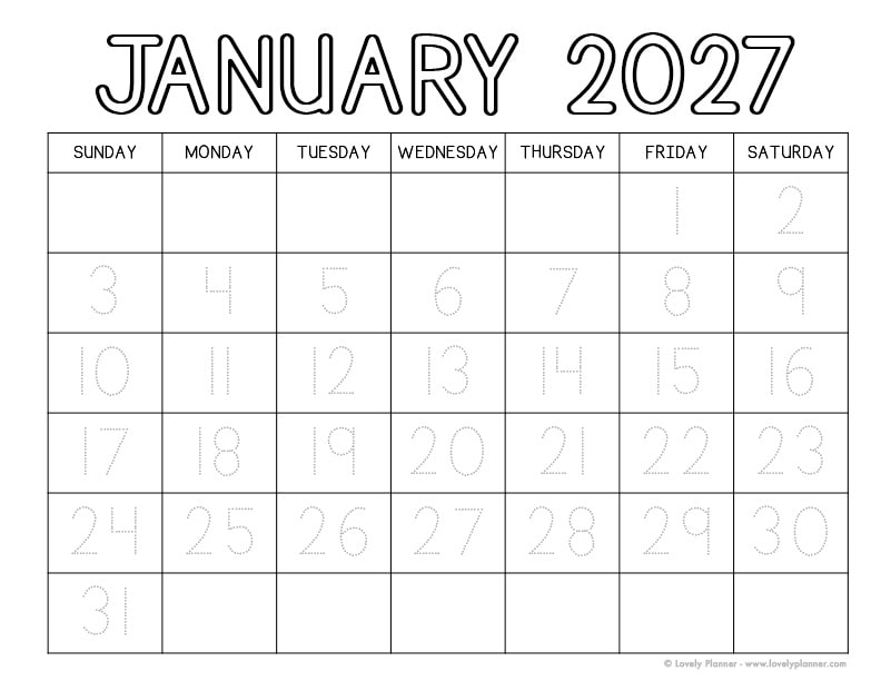Free Printable January 2027 Traceable Calendar