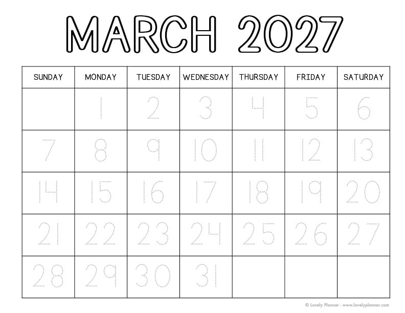 Free Printable March 2027 Traceable Calendar