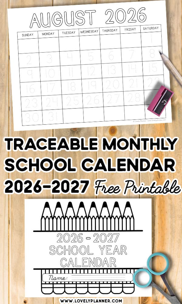 Free Traceable School Calendar 2026-2027
