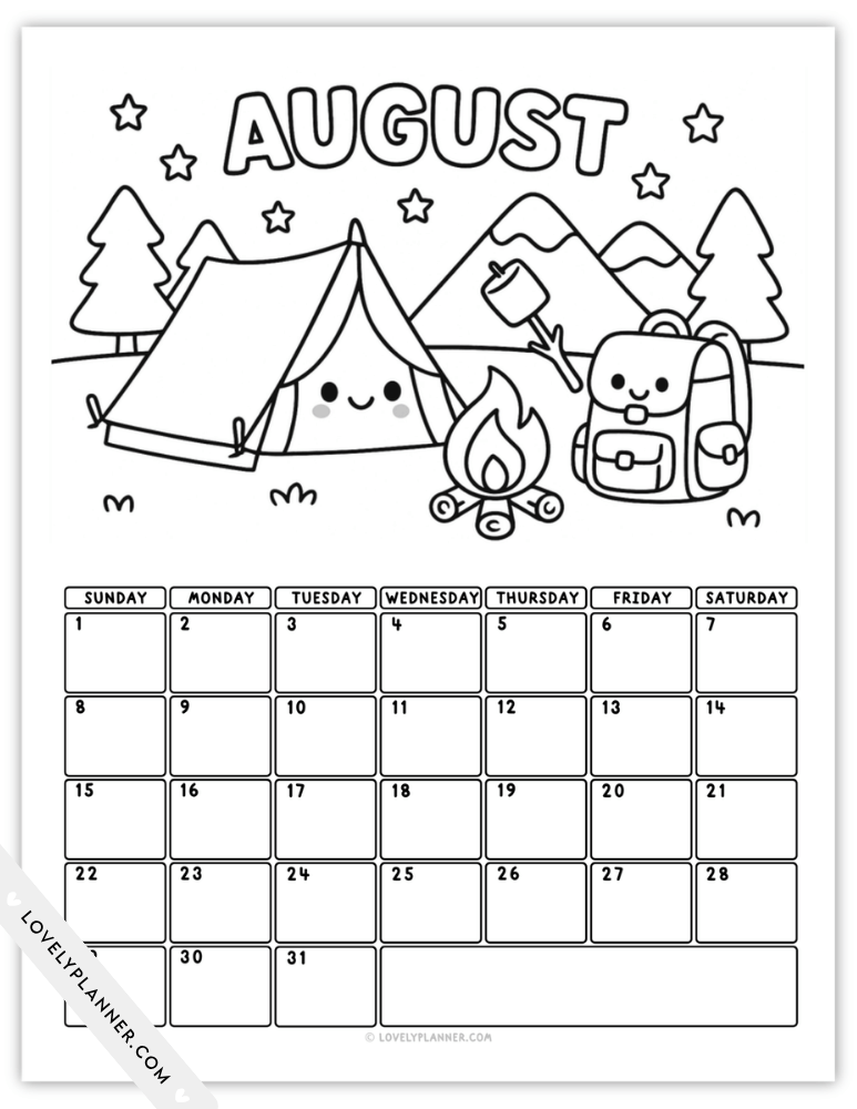 August 2027 Coloring Calendar Printable