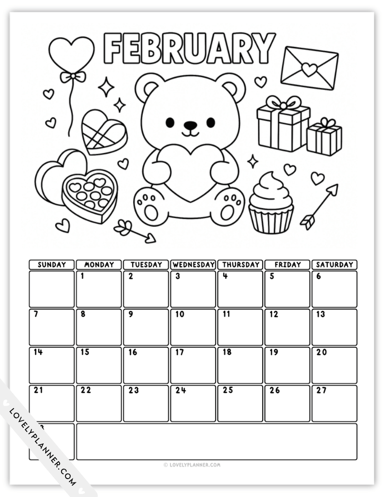 Printable February 2027 Coloring Calendar