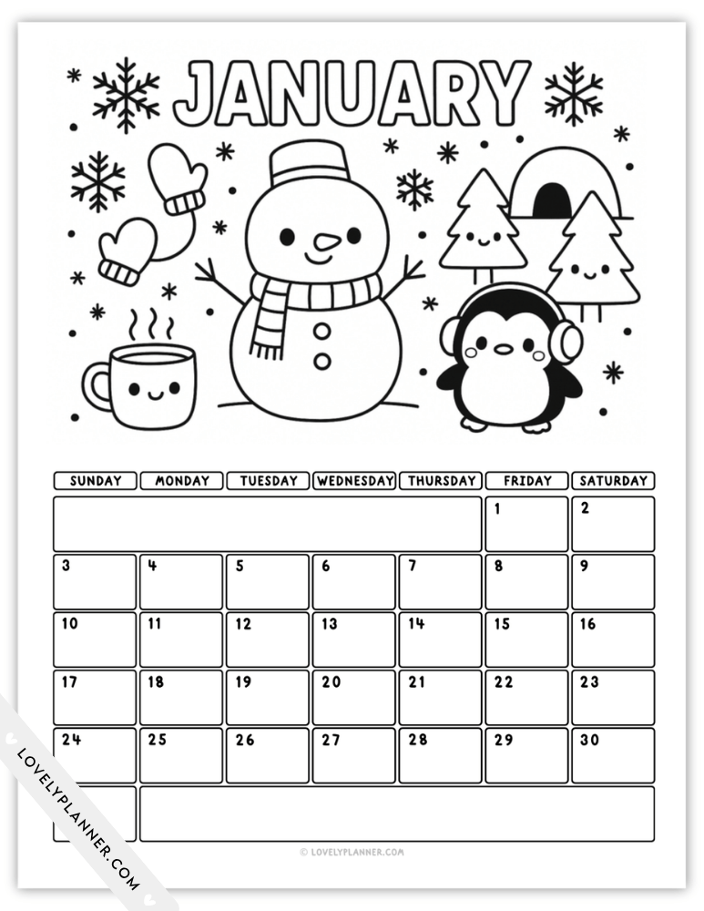 Free Printable January 2027 Coloring Calendar