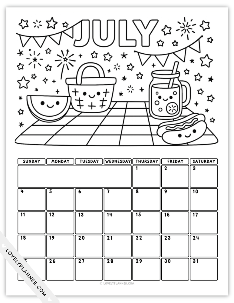 Free Printable July 2027 Coloring Calendar