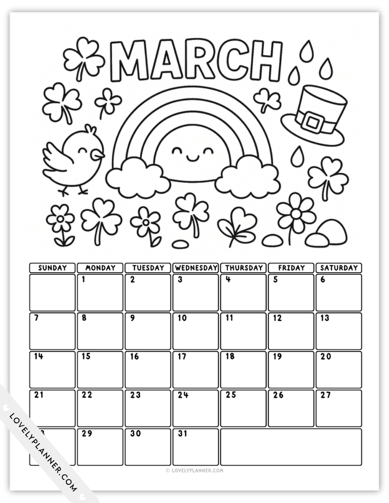 Free Printable March 2027 Coloring Calendar