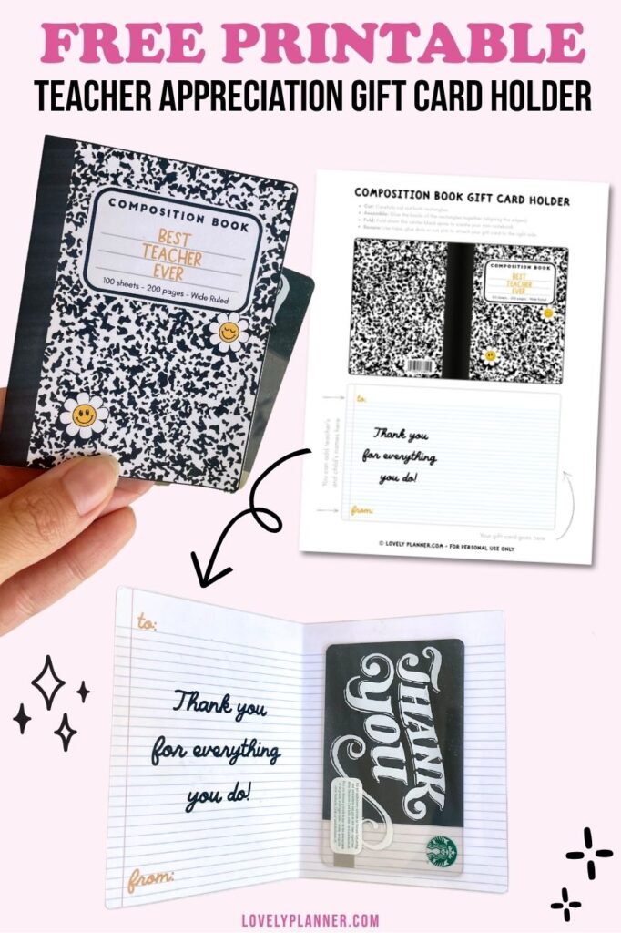 Free Printable Composition Notebook Gift Card Card Holder Teacher Appreciation