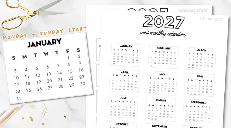 Free Printable 2027 Bullet Journal Mini Calendars (Sunday + Monday start)