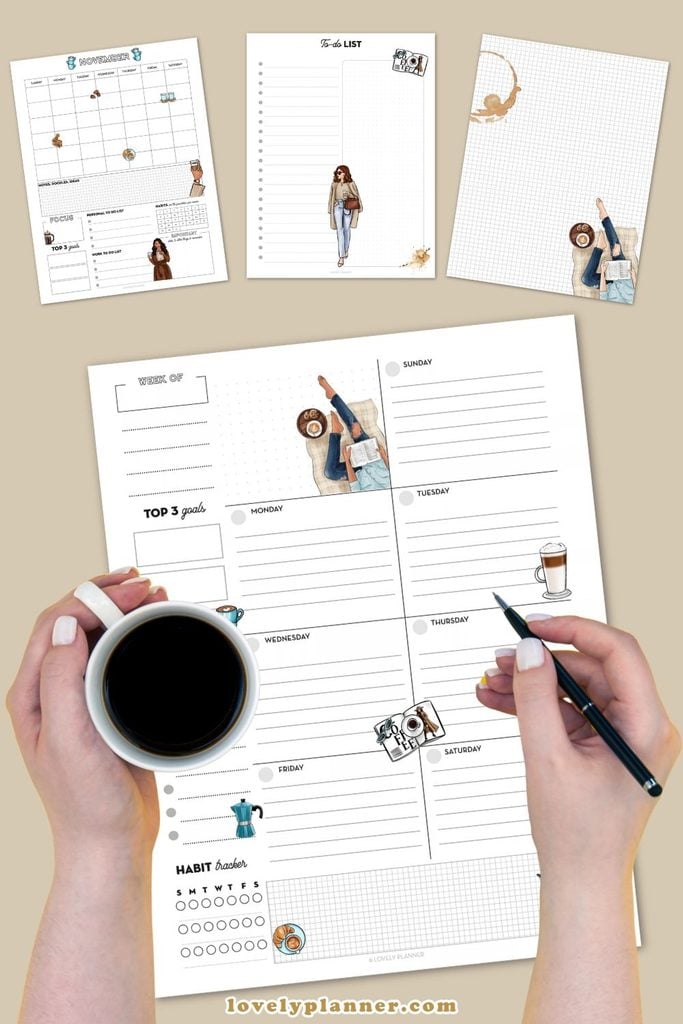 Free printable November planner pages with a cozy coffee theme, including a monthly planner, weekly planner, to-do list, and notes page.