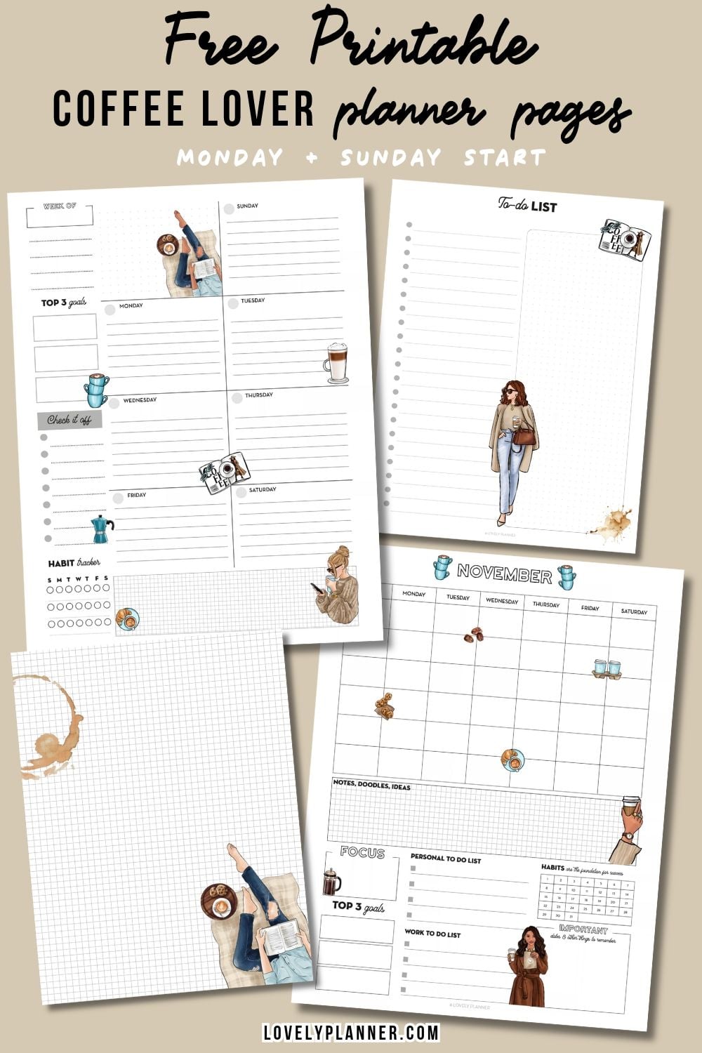 Free printable November planner pages with a cozy coffee theme, including a monthly planner, weekly planner, to-do list, and notes page.