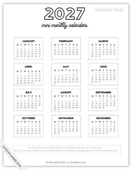 Monday Start Bullet Journal Calendars